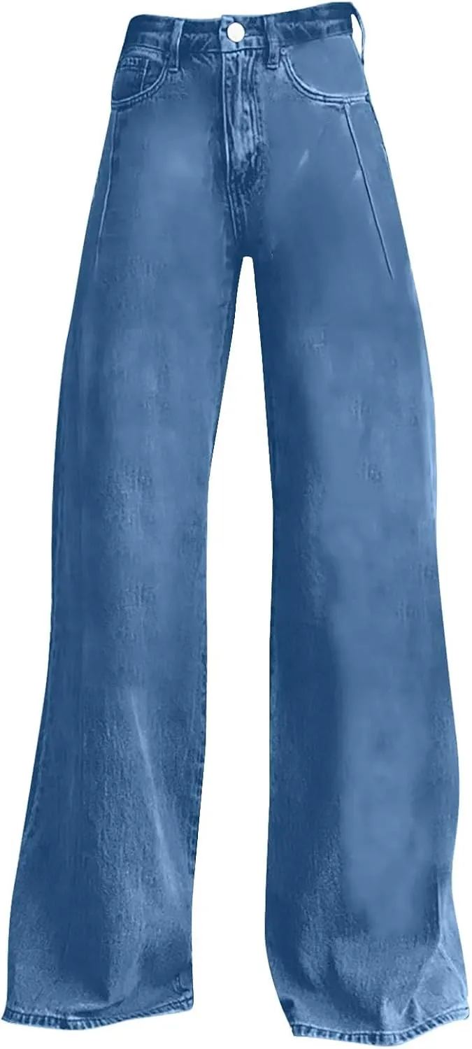 Women's Wide Leg Jeans Casual Loose Solid Color High Waisted Flare Baggy Jean Stretch Denim Pants