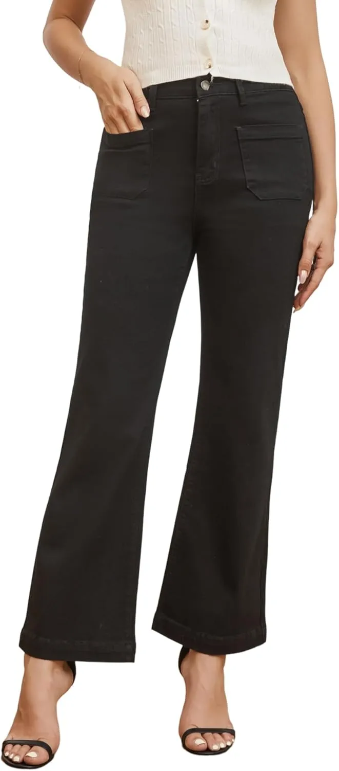 Women’s Wide Leg Petite Jeans High Waisted Stretchy Cropped Flare Jeans with Patch Pockets