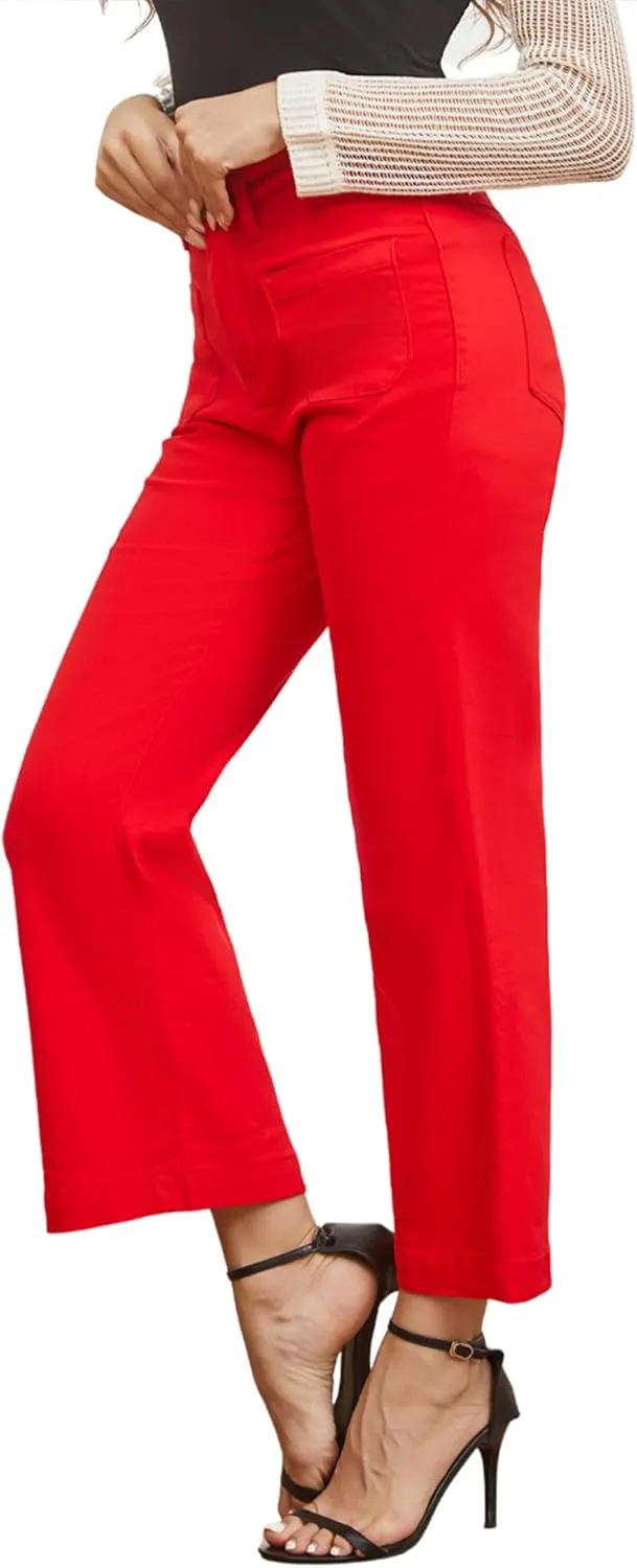 Women’s Wide Leg Petite Jeans High Waisted Stretchy Cropped Flare Jeans with Patch Pockets