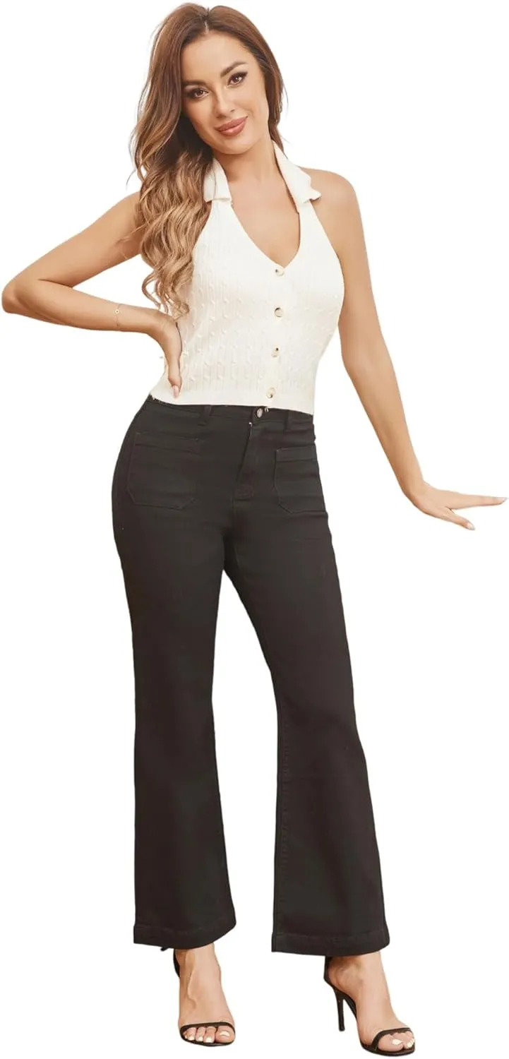 Women’s Wide Leg Petite Jeans High Waisted Stretchy Cropped Flare Jeans with Patch Pockets