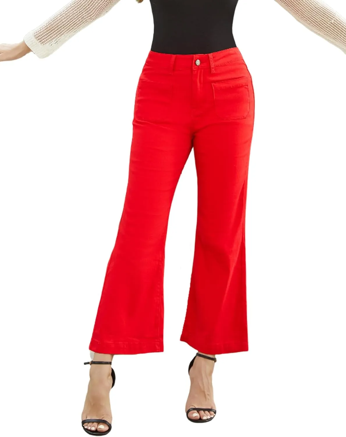 Women’s Wide Leg Petite Jeans High Waisted Stretchy Cropped Flare Jeans with Patch Pockets