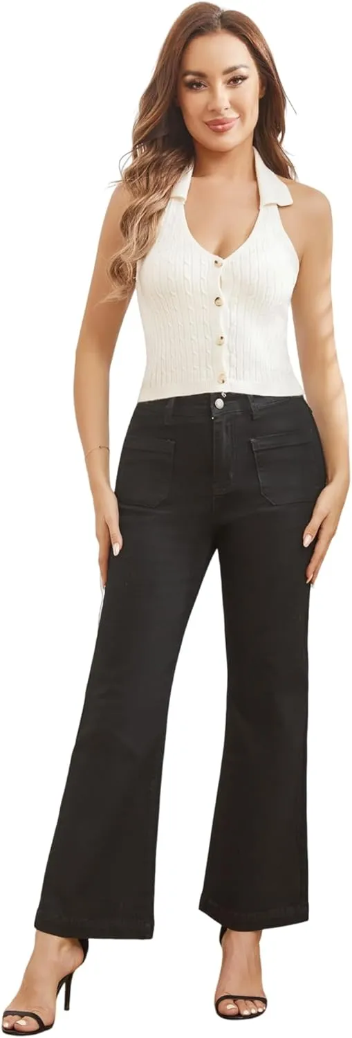 Women’s Wide Leg Petite Jeans High Waisted Stretchy Cropped Flare Jeans with Patch Pockets