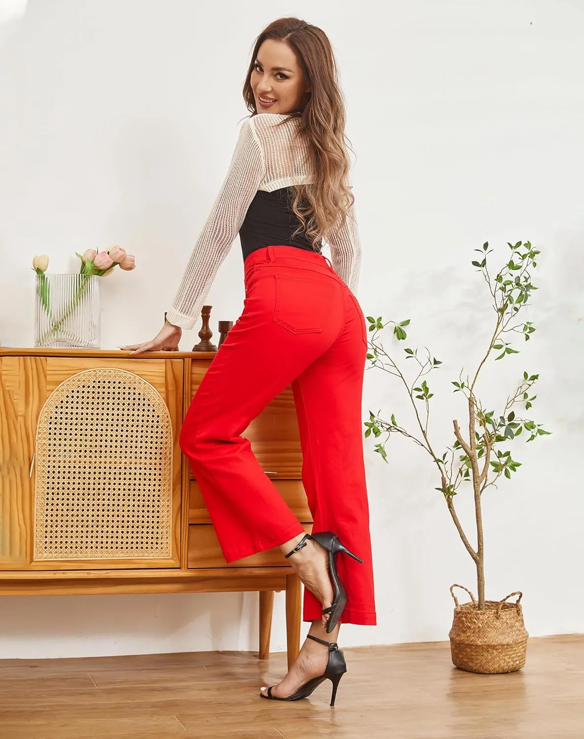 Women’s Wide Leg Petite Jeans High Waisted Stretchy Cropped Flare Jeans with Patch Pockets