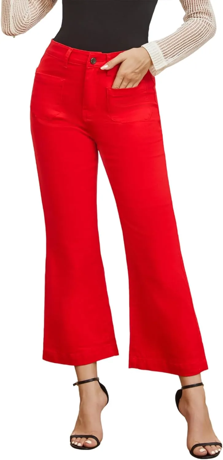 Women’s Wide Leg Petite Jeans High Waisted Stretchy Cropped Flare Jeans with Patch Pockets