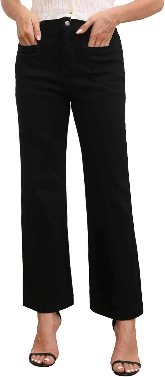 Women’s Wide Leg Petite Jeans High Waisted Stretchy Cropped Flare Jeans with Patch Pockets