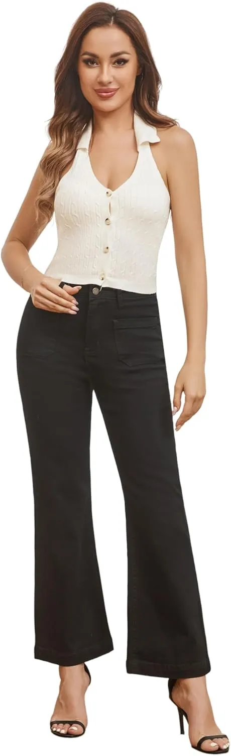 Women’s Wide Leg Petite Jeans High Waisted Stretchy Cropped Flare Jeans with Patch Pockets