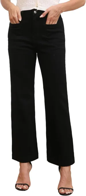 Women’s Wide Leg Petite Jeans High Waisted Stretchy Cropped Flare Jeans with Patch Pockets