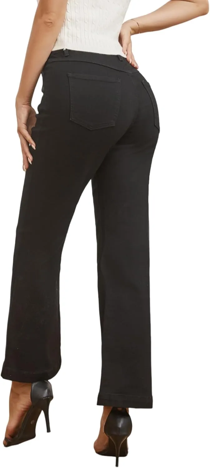 Women’s Wide Leg Petite Jeans High Waisted Stretchy Cropped Flare Jeans with Patch Pockets