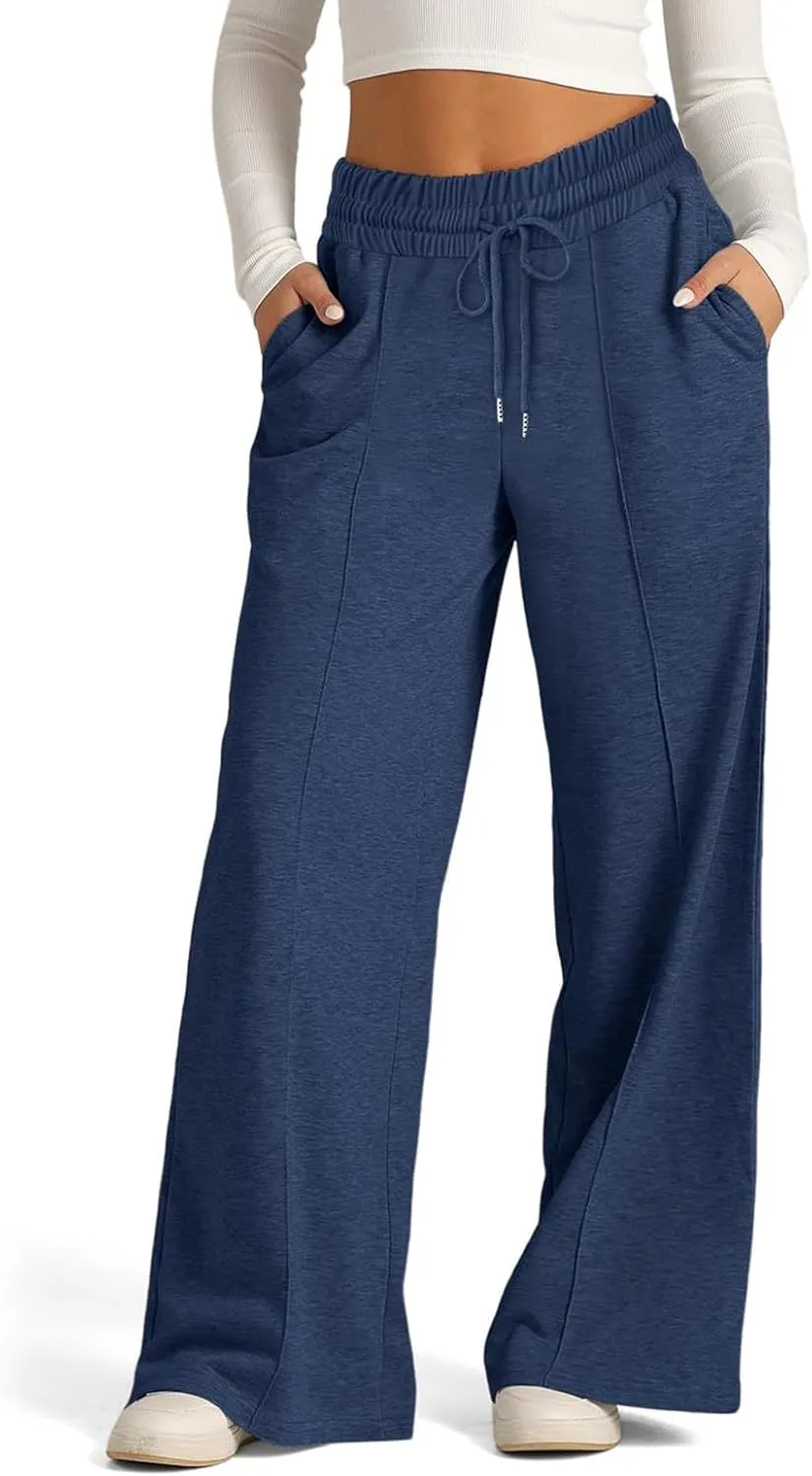 Womens Wide Leg Sweatpants Lightweight High Waisted Joggers with Pockets Baggy Comfy Drawstring Lounge Pants 2024