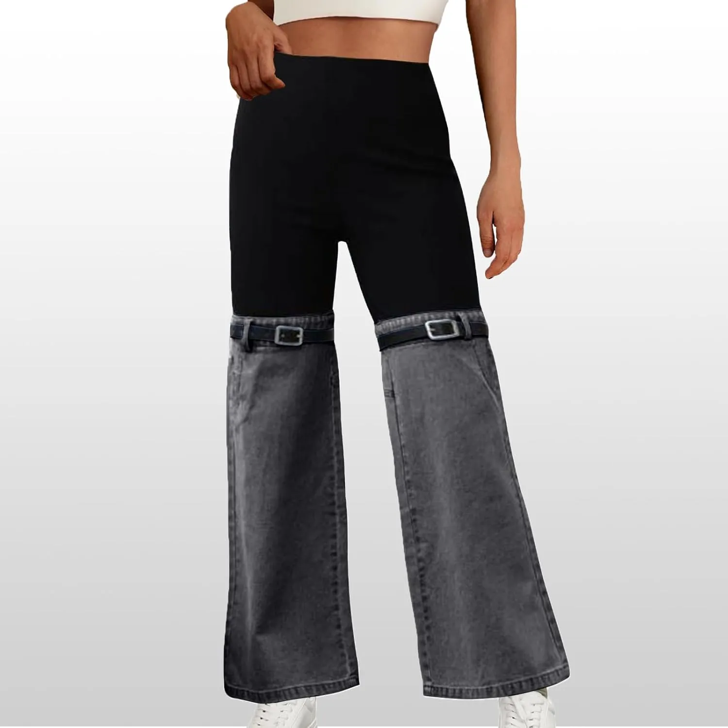 Womens Y2K High Waisted Bell Bottom Jeans Denim Patchwork Flare Jean Pants with Wide Leg Stretch Slim Fit Denim Pant