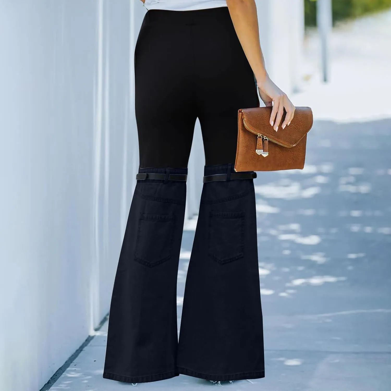 Womens Y2K High Waisted Bell Bottom Jeans Denim Patchwork Flare Jean Pants with Wide Leg Stretch Slim Fit Denim Pant