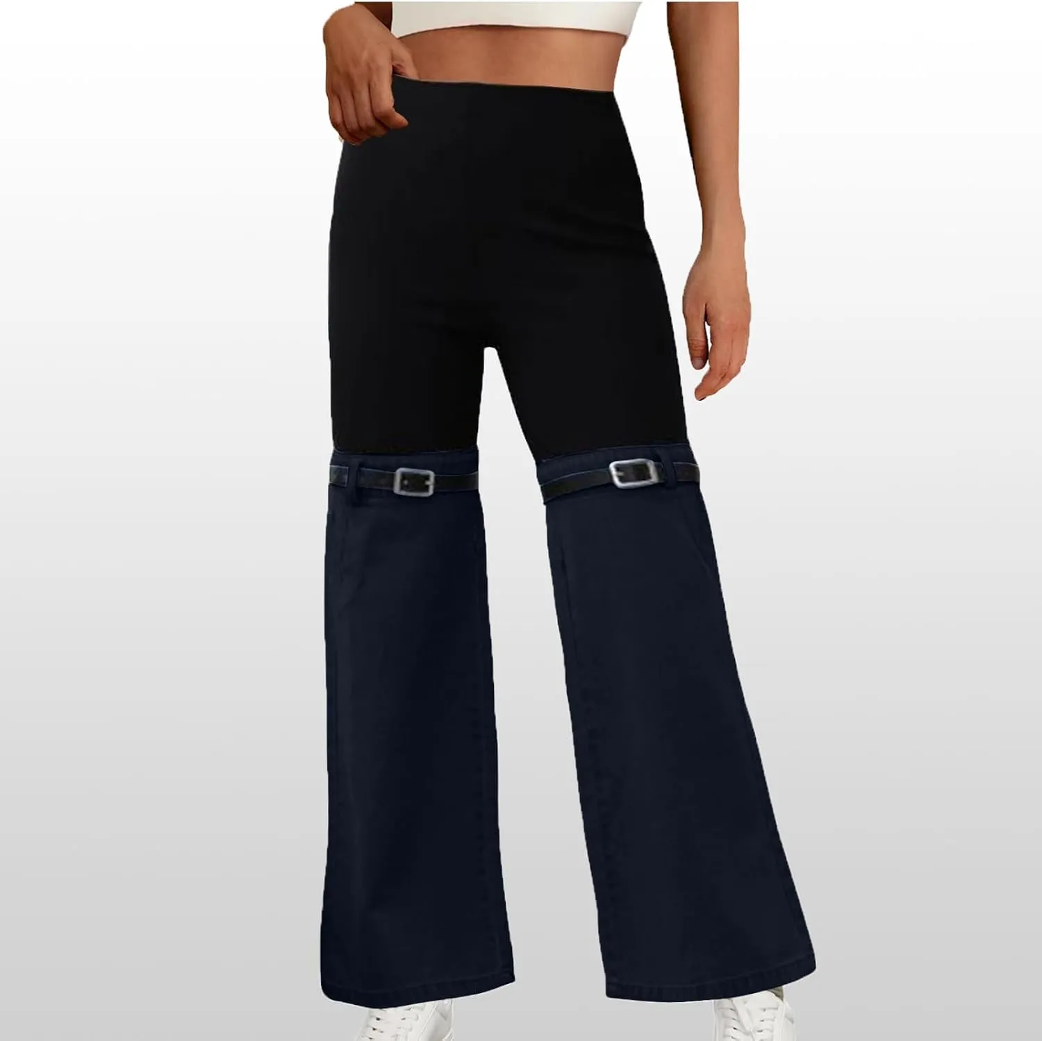Womens Y2K High Waisted Bell Bottom Jeans Denim Patchwork Flare Jean Pants with Wide Leg Stretch Slim Fit Denim Pant
