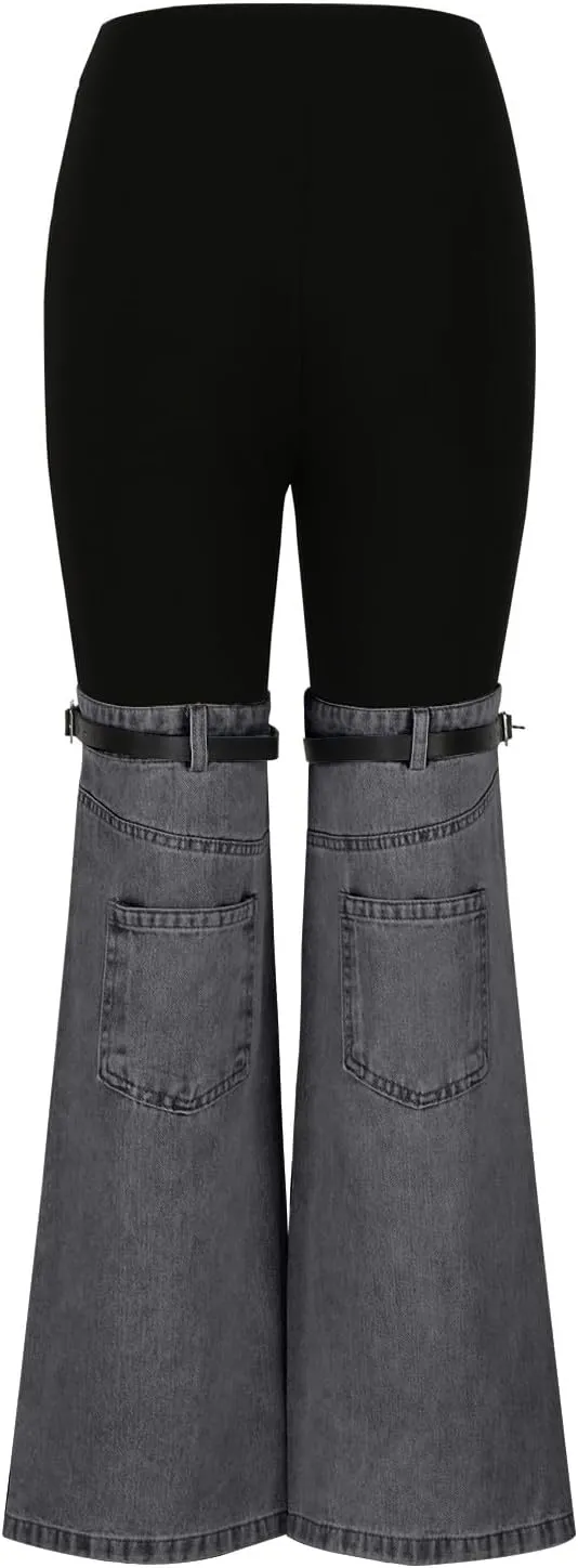 Womens Y2K High Waisted Bell Bottom Jeans Denim Patchwork Flare Jean Pants with Wide Leg Stretch Slim Fit Denim Pant