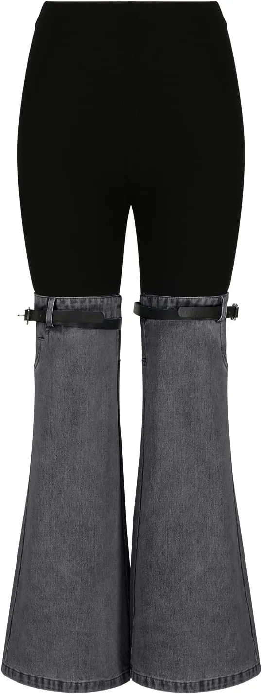 Womens Y2K High Waisted Bell Bottom Jeans Denim Patchwork Flare Jean Pants with Wide Leg Stretch Slim Fit Denim Pant