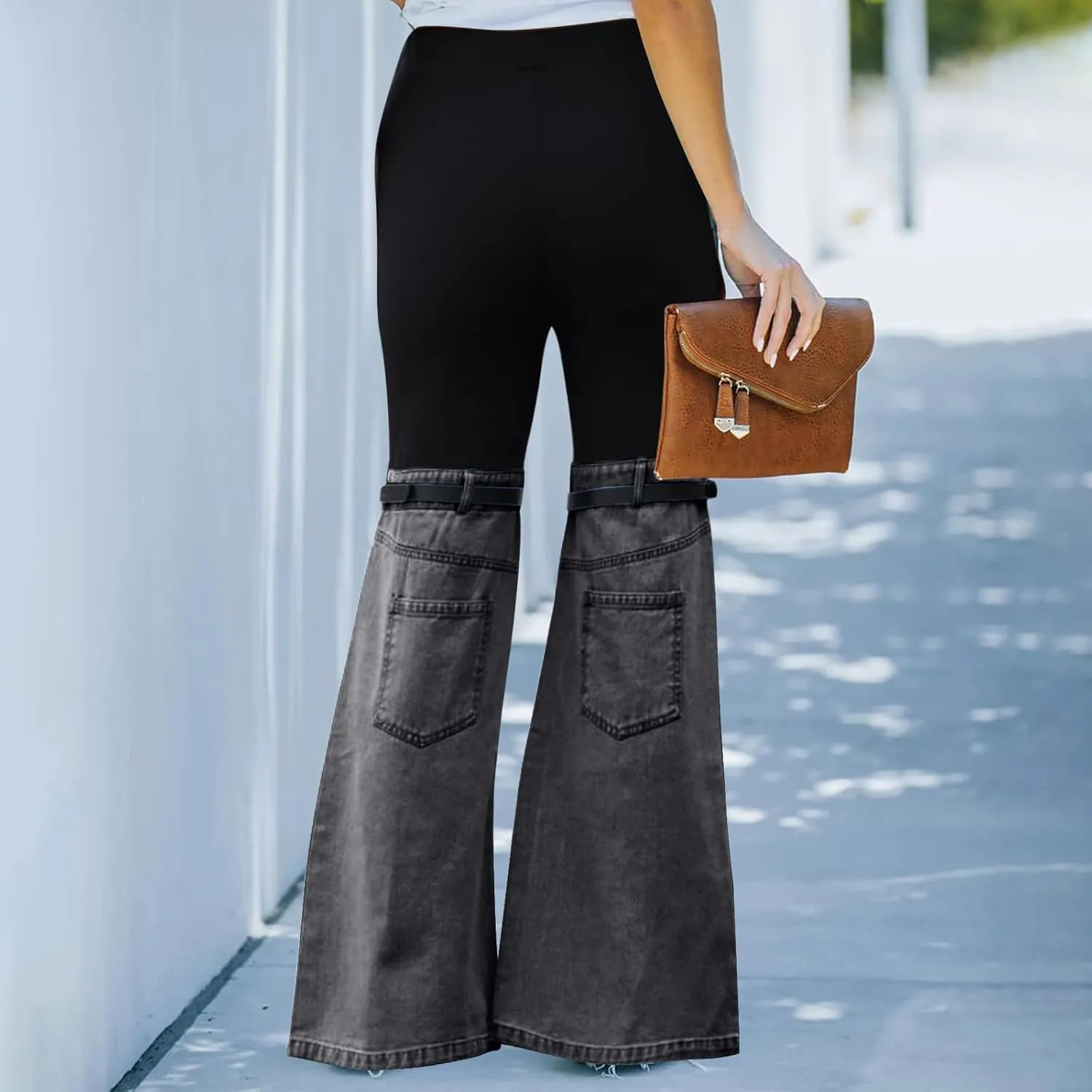 Womens Y2K High Waisted Bell Bottom Jeans Denim Patchwork Flare Jean Pants with Wide Leg Stretch Slim Fit Denim Pant