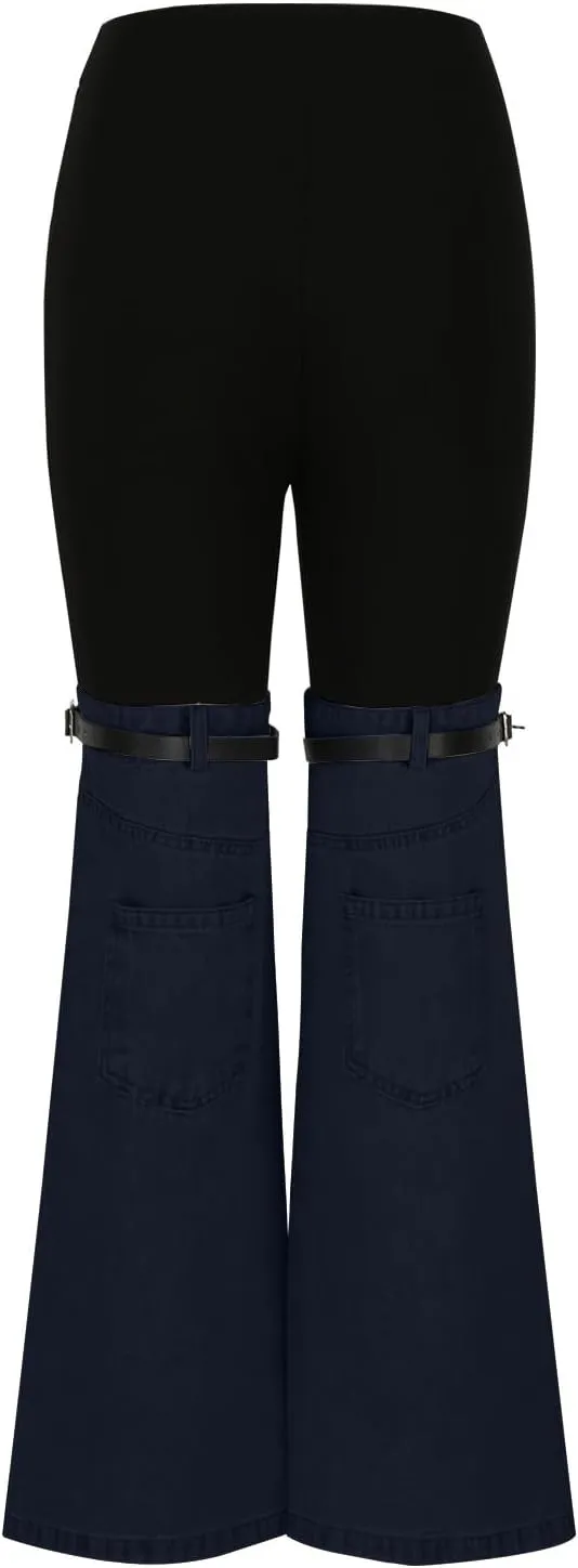 Womens Y2K High Waisted Bell Bottom Jeans Denim Patchwork Flare Jean Pants with Wide Leg Stretch Slim Fit Denim Pant