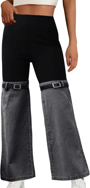 Womens Y2K High Waisted Bell Bottom Jeans Denim Patchwork Flare Jean Pants with Wide Leg Stretch Slim Fit Denim Pant
