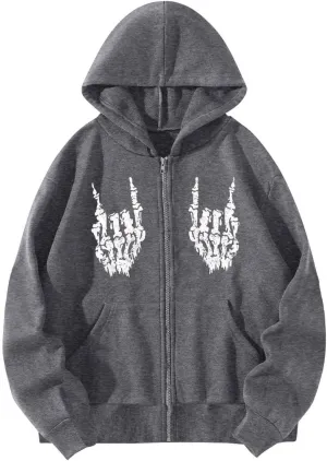 Y2K Hoodies for Women Full Zip Up Print Graphic Oversized Pockets Hooded Jacket 90s Long Sleeve Sweatshirt Halloween Fall