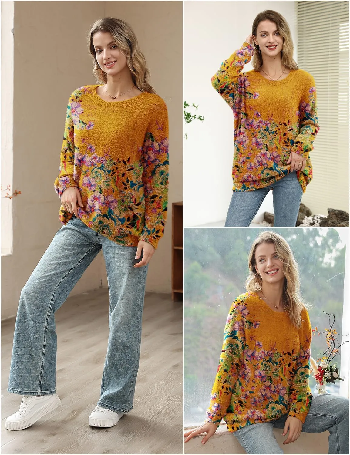 YESNO Women Christmas Sweater Graphic Printed Oversized Pullover Sweaters Casual Loose Knit Tops S01