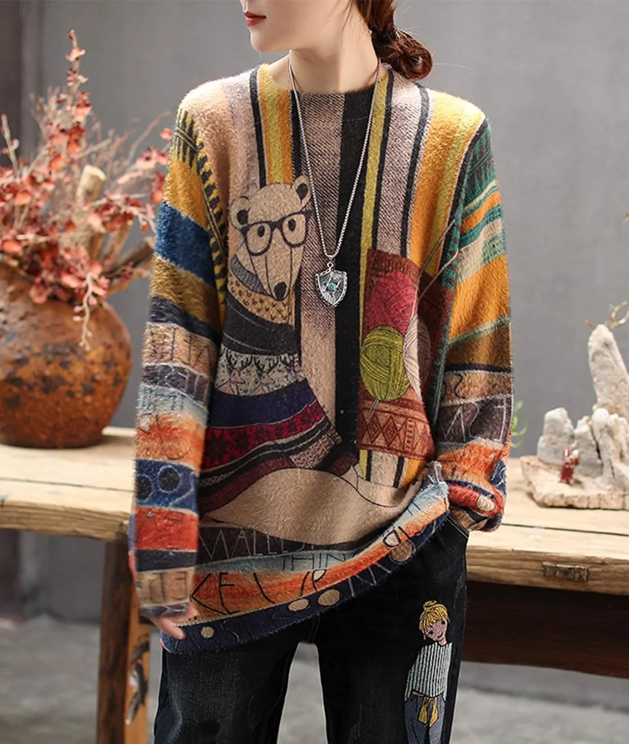 YESNO Women Christmas Sweater Graphic Printed Oversized Pullover Sweaters Casual Loose Knit Tops S01