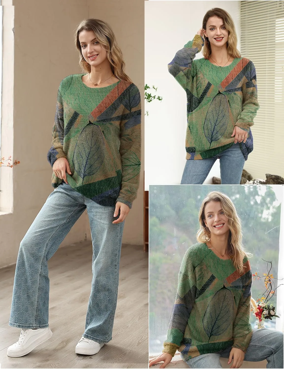 YESNO Women Christmas Sweater Graphic Printed Oversized Pullover Sweaters Casual Loose Knit Tops S01