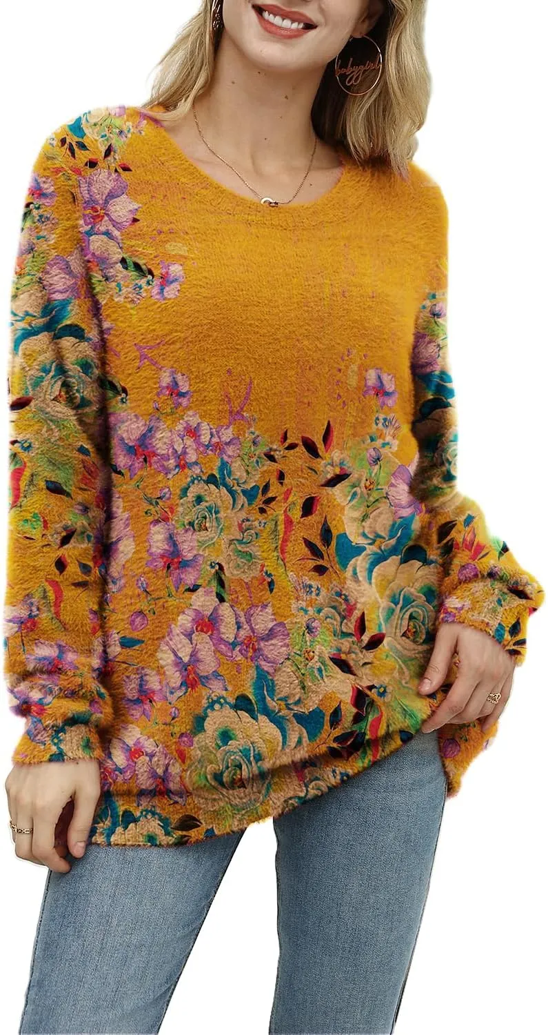 YESNO Women Christmas Sweater Graphic Printed Oversized Pullover Sweaters Casual Loose Knit Tops S01