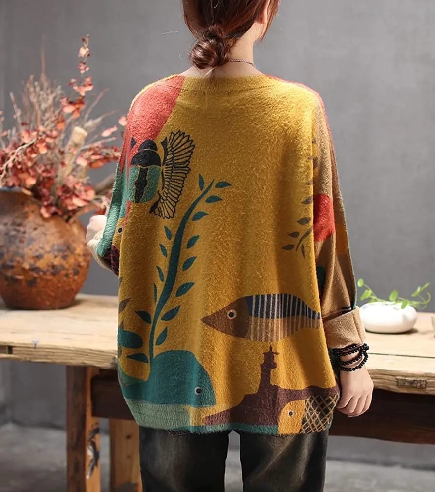 YESNO Women Christmas Sweater Graphic Printed Oversized Pullover Sweaters Casual Loose Knit Tops S01