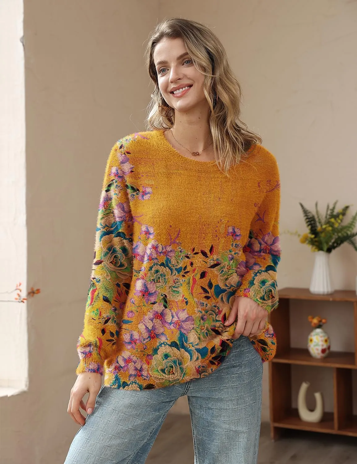 YESNO Women Christmas Sweater Graphic Printed Oversized Pullover Sweaters Casual Loose Knit Tops S01