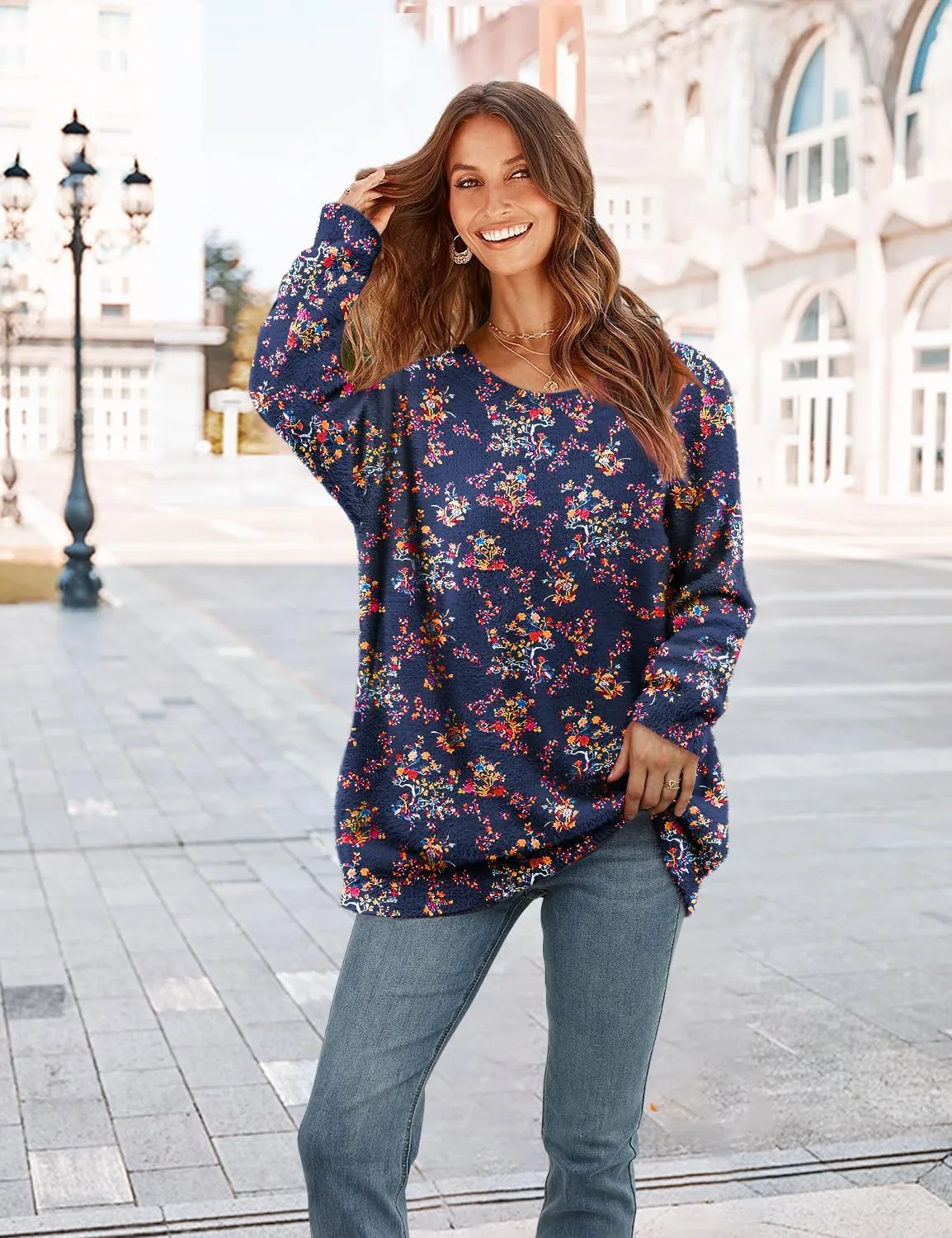 YESNO Women Christmas Sweater Graphic Printed Oversized Pullover Sweaters Casual Loose Knit Tops S01