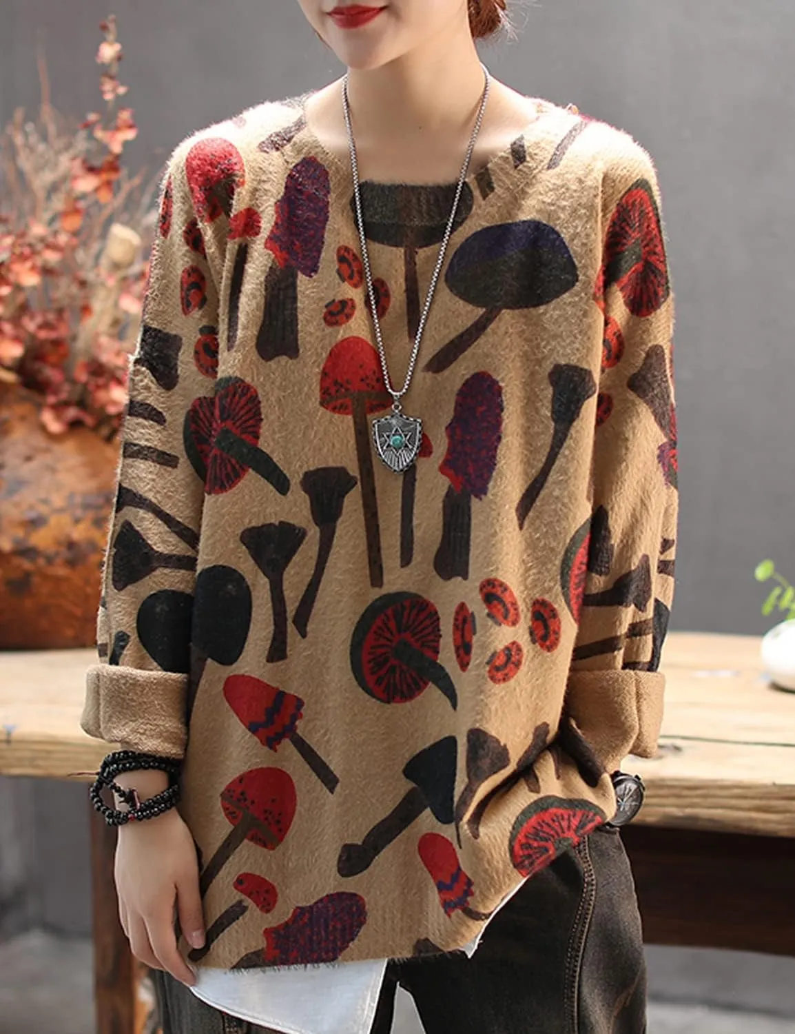 YESNO Women Christmas Sweater Graphic Printed Oversized Pullover Sweaters Casual Loose Knit Tops S01