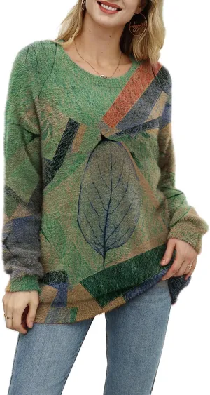 YESNO Women Christmas Sweater Graphic Printed Oversized Pullover Sweaters Casual Loose Knit Tops S01