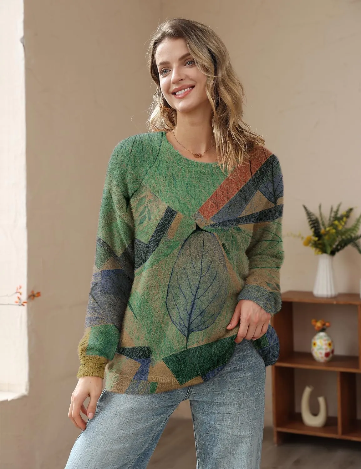 YESNO Women Christmas Sweater Graphic Printed Oversized Pullover Sweaters Casual Loose Knit Tops S01