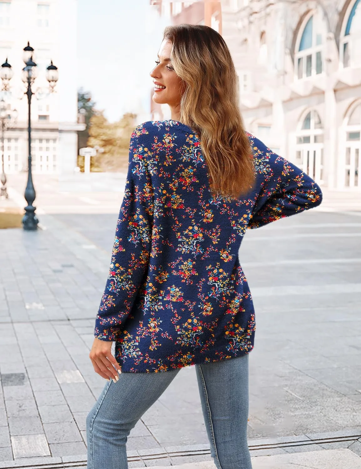 YESNO Women Christmas Sweater Graphic Printed Oversized Pullover Sweaters Casual Loose Knit Tops S01