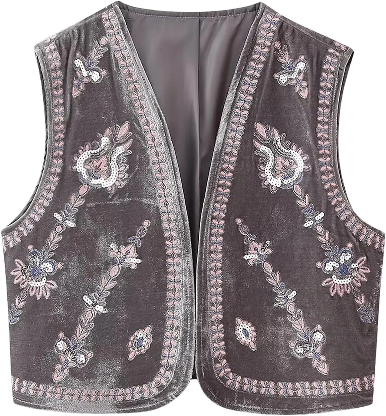 Yimoon Women's Vintage Embroidered Vest Velvet Floral Boho Open Front Cropped Cardigan Vests
