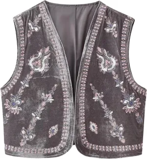 Yimoon Women's Vintage Embroidered Vest Velvet Floral Boho Open Front Cropped Cardigan Vests