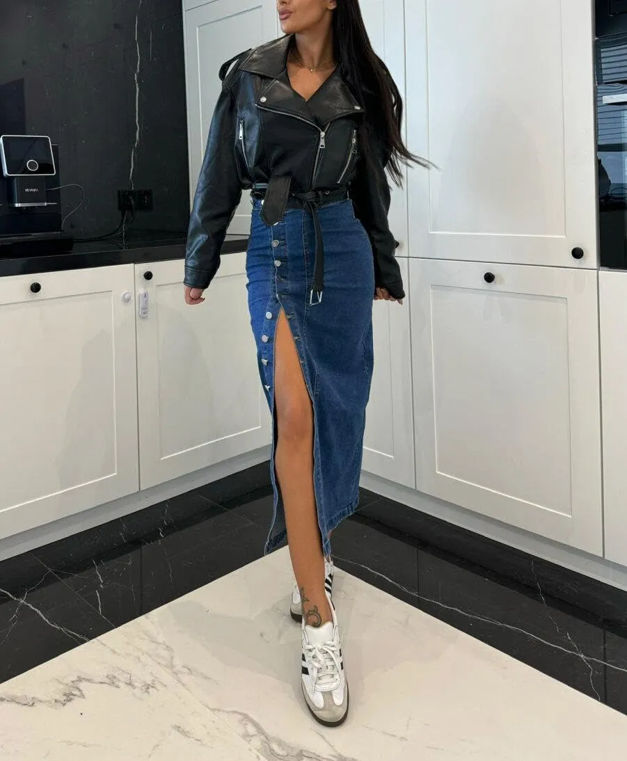 yoeasy Women's Casual Denim Midi Skirt High Waist Button Up Sexy Side Slit Irregular Stretch Jean Skirts