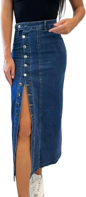 yoeasy Women's Casual Denim Midi Skirt High Waist Button Up Sexy Side Slit Irregular Stretch Jean Skirts
