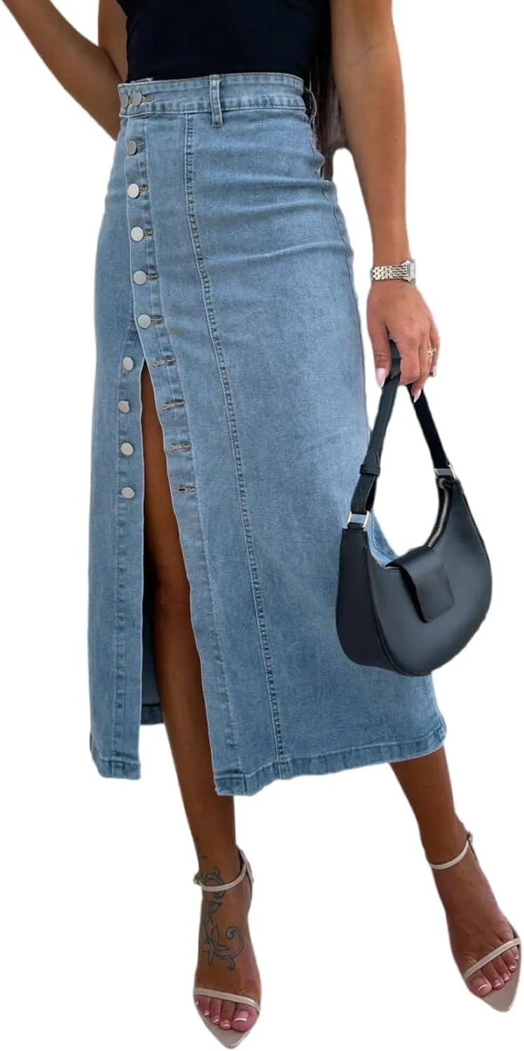 yoeasy Women's Casual Denim Midi Skirt High Waist Button Up Sexy Side Slit Irregular Stretch Jean Skirts