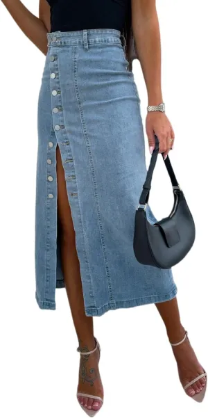 yoeasy Women's Casual Denim Midi Skirt High Waist Button Up Sexy Side Slit Irregular Stretch Jean Skirts