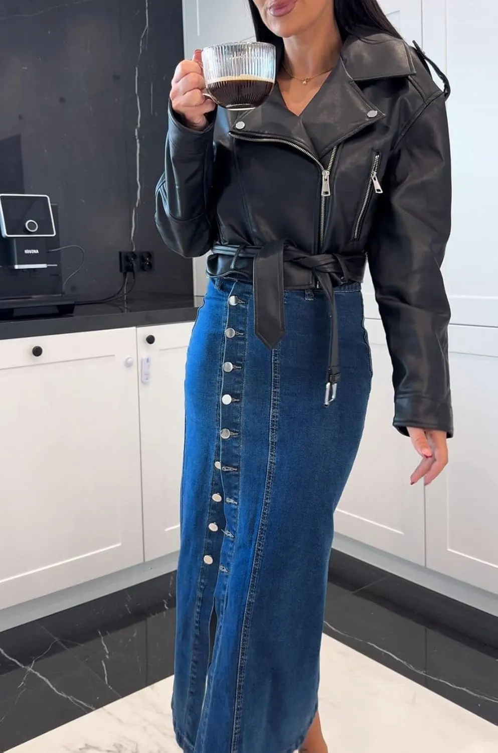 yoeasy Women's Casual Denim Midi Skirt High Waist Button Up Sexy Side Slit Irregular Stretch Jean Skirts