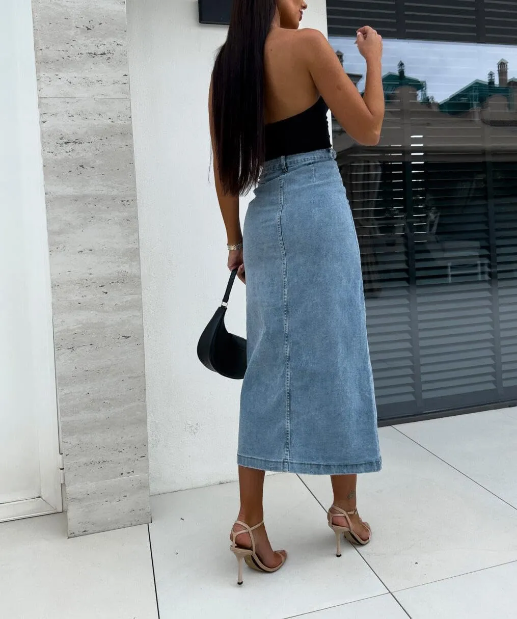 yoeasy Women's Casual Denim Midi Skirt High Waist Button Up Sexy Side Slit Irregular Stretch Jean Skirts