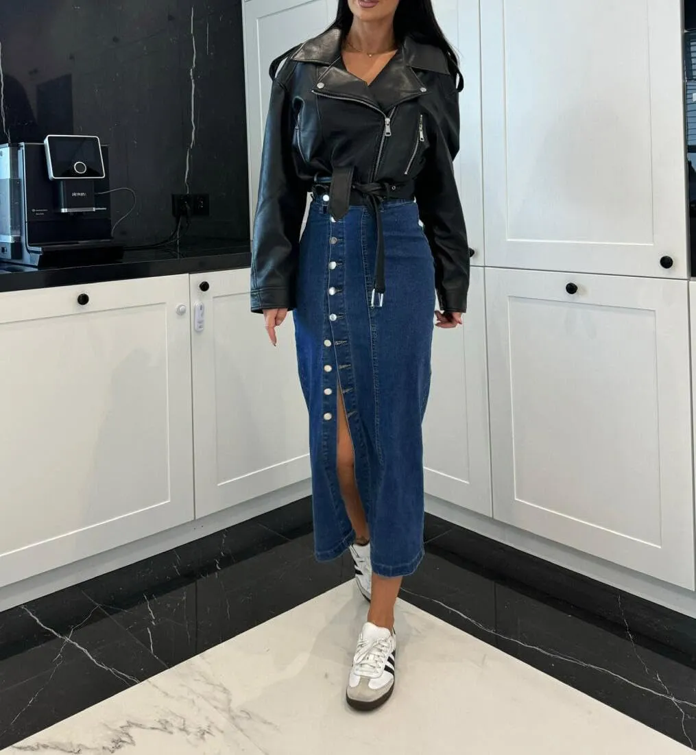yoeasy Women's Casual Denim Midi Skirt High Waist Button Up Sexy Side Slit Irregular Stretch Jean Skirts