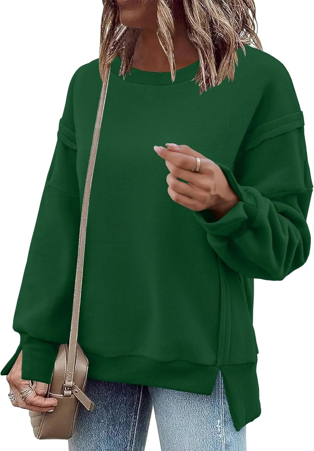 Zeagoo Lightweight Fleece Jacket Women Oversized Sweatshirts Round Neck Long Sleeve Pullover Sherpa Jackets With Side Slit,Green,Xx-Large