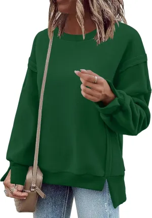 Zeagoo Lightweight Fleece Jacket Women Oversized Sweatshirts Round Neck Long Sleeve Pullover Sherpa Jackets With Side Slit,Green,Xx-Large