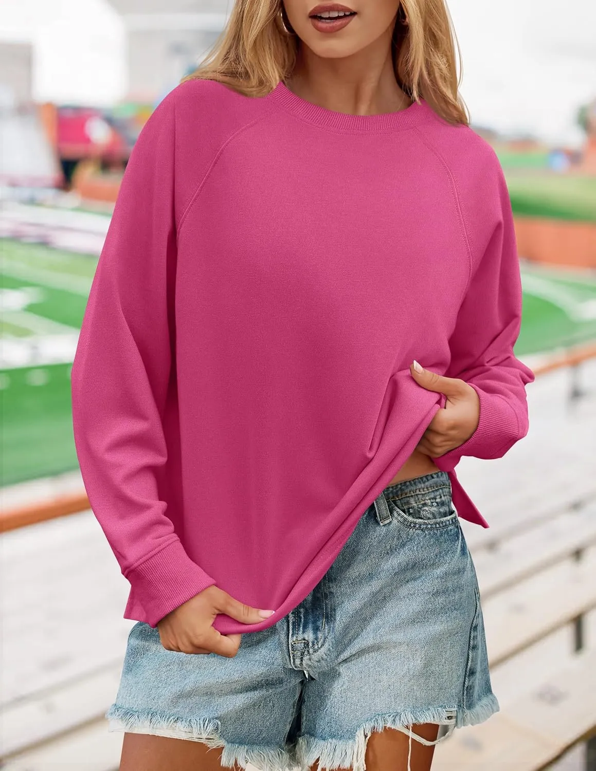 ZESICA Womens Causal Long Sleeve Lightweight Sweatshirts Crewneck Side Slit Loose Shirts Basic Fall Tops