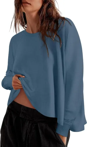 ZESICA Womens Causal Long Sleeve Lightweight Sweatshirts Crewneck Side Slit Loose Shirts Basic Fall Tops