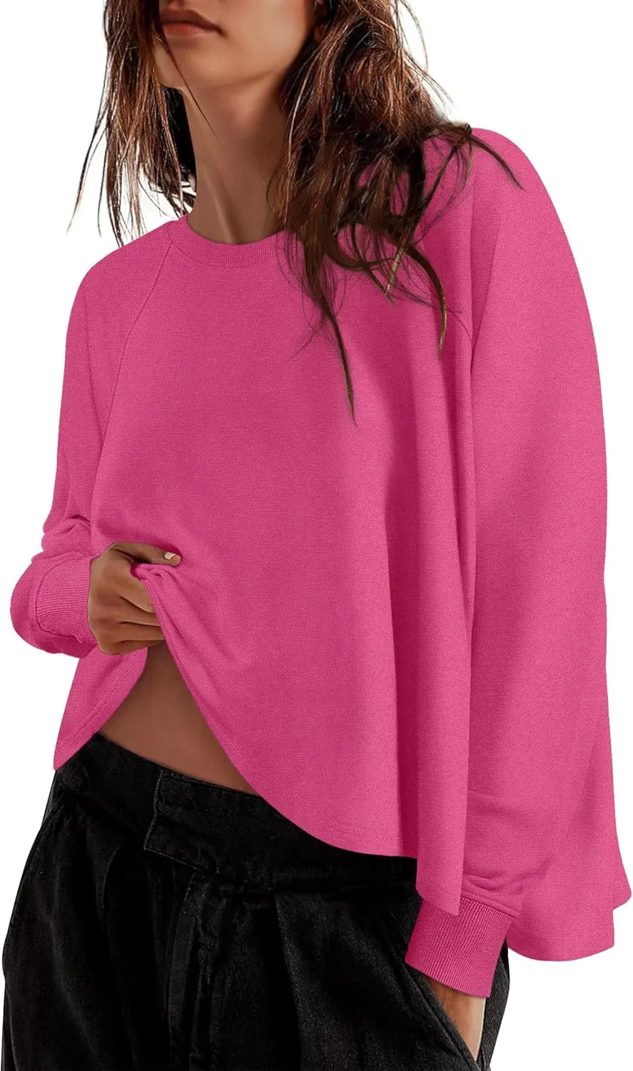 ZESICA Womens Causal Long Sleeve Lightweight Sweatshirts Crewneck Side Slit Loose Shirts Basic Fall Tops