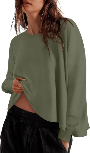 ZESICA Womens Causal Long Sleeve Lightweight Sweatshirts Crewneck Side Slit Loose Shirts Basic Fall Tops
