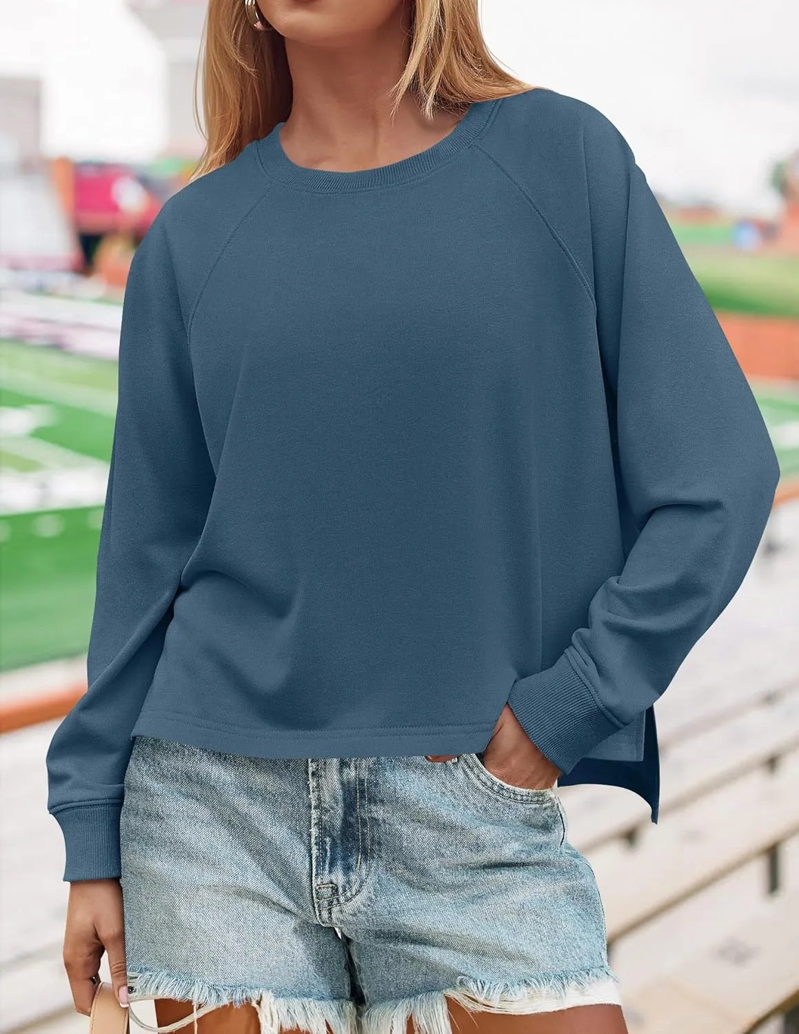 ZESICA Womens Causal Long Sleeve Lightweight Sweatshirts Crewneck Side Slit Loose Shirts Basic Fall Tops