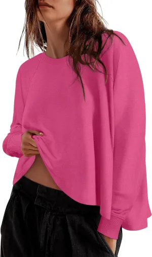 ZESICA Womens Causal Long Sleeve Lightweight Sweatshirts Crewneck Side Slit Loose Shirts Basic Fall Tops